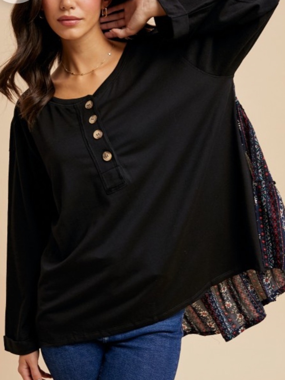 In Loom Oversized Henley Contrast Floral Print Pleated Top - Picture 2 of 3